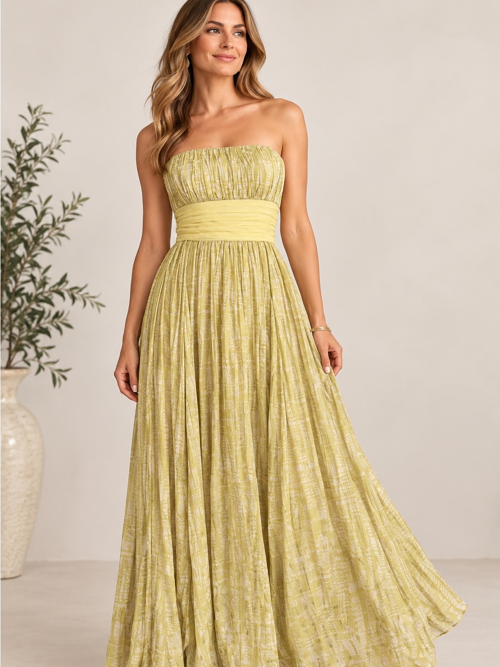 BCBG Max Azria Chartreuse Yellow Strapless Maxi Dress Size 0 Bridesmaid  Formal